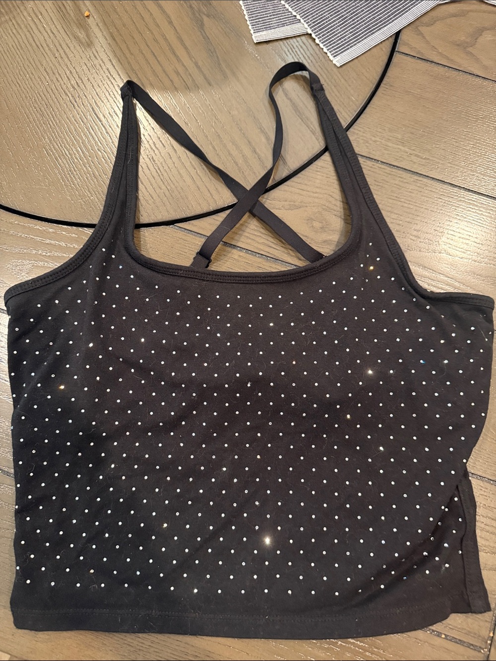 VS PINK Black Crystal Cropped workout top with built in bra!  Size L. So Nice!